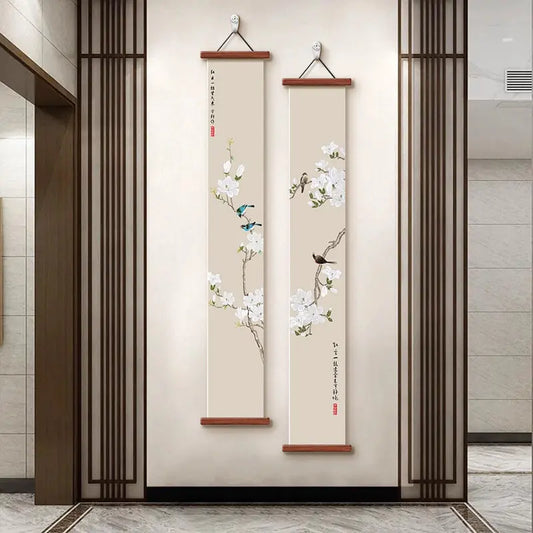 Chinese Style Wall Art, Magnolia Flower Bird Vertical Scroll Painting for Entryway Hallway – Narrow Long Posteration