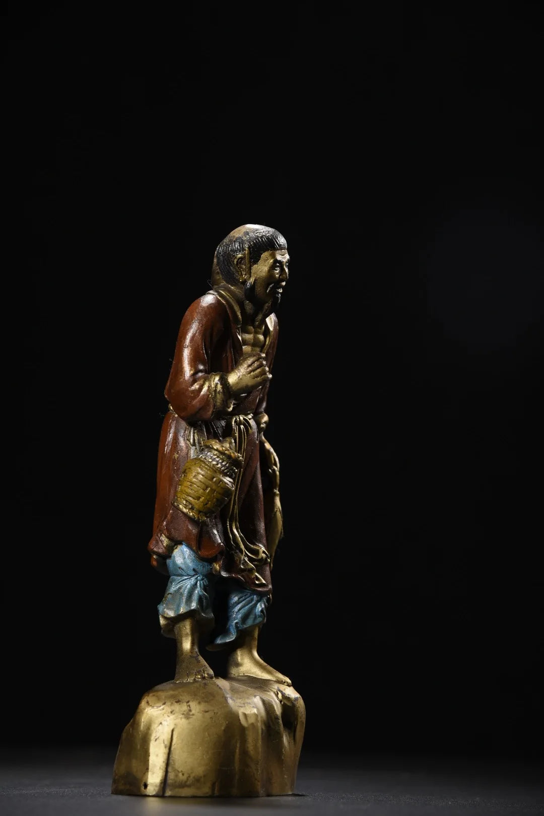 8" Tibetanische Tempelsammlung Alte Bronze Bemalte & Vergoldete Fischer Statue