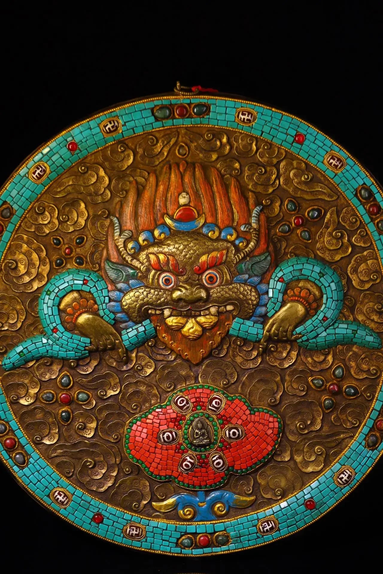 Tibetan Silver Gilded Mosaic Gem Amulet with Turquoise