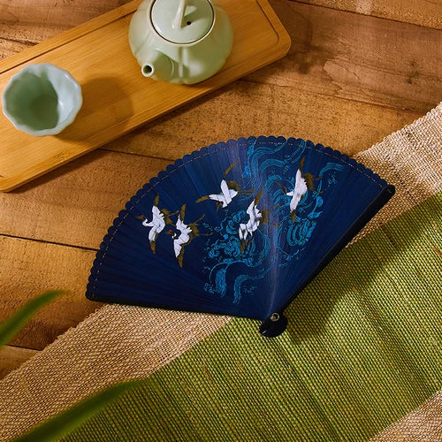 18cm Chinese style retro style all bamboo crane dark green big red bronzing folding fan portable cheongsam dance fan