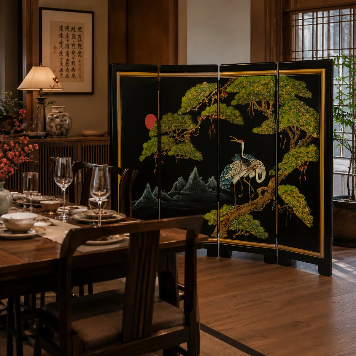 Hand-Painted Chinese Lacquer Folding Screen | Bird & Flower Room Divider