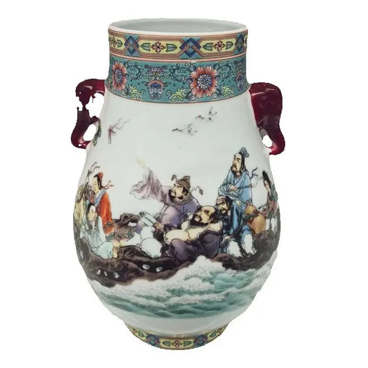 Chinesische Porzellanvase im alten Design, Doppelt Henkelig, Großer Bauch, Pastel Acht Unsterbliche