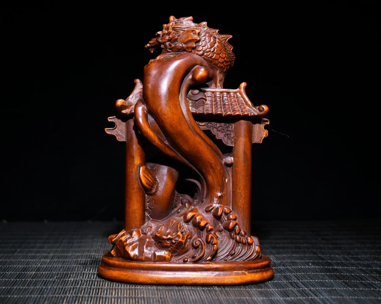 Tibetan Temple Boxwood Carp & Dragon Gate – Promotion & Prosperity Desk Ornament (6")