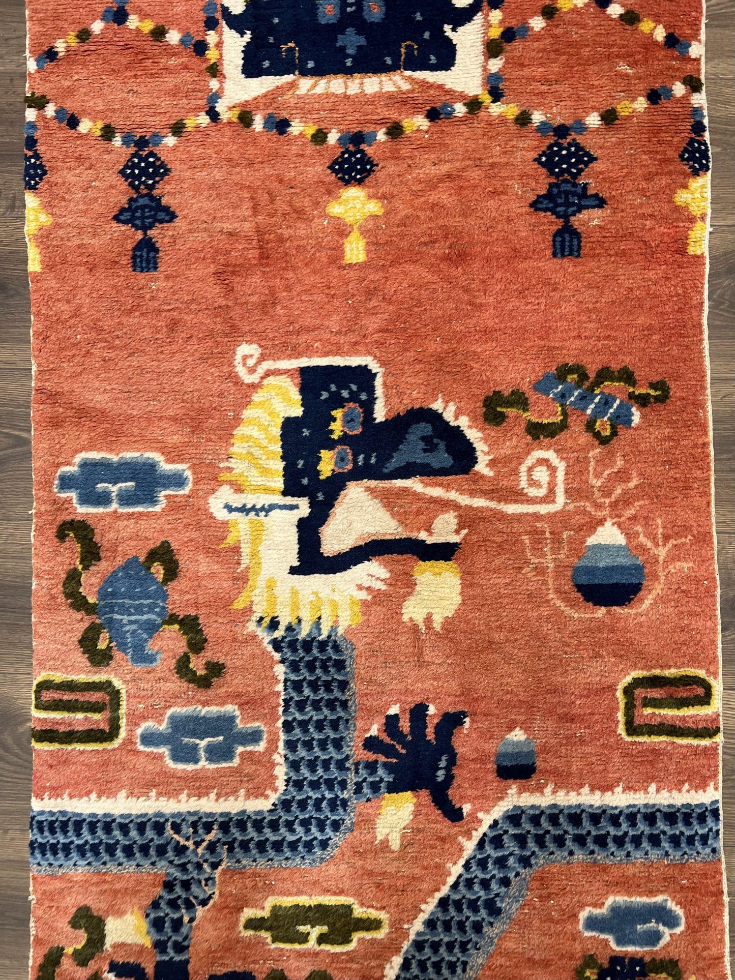 Alfombra de pilar china Ningxia rara de 3x8, finales de la dinastía Qing, dragón de 5 garras, borde de arcoíris de nubes, alfombra antigua coleccionable, lana anudada a mano