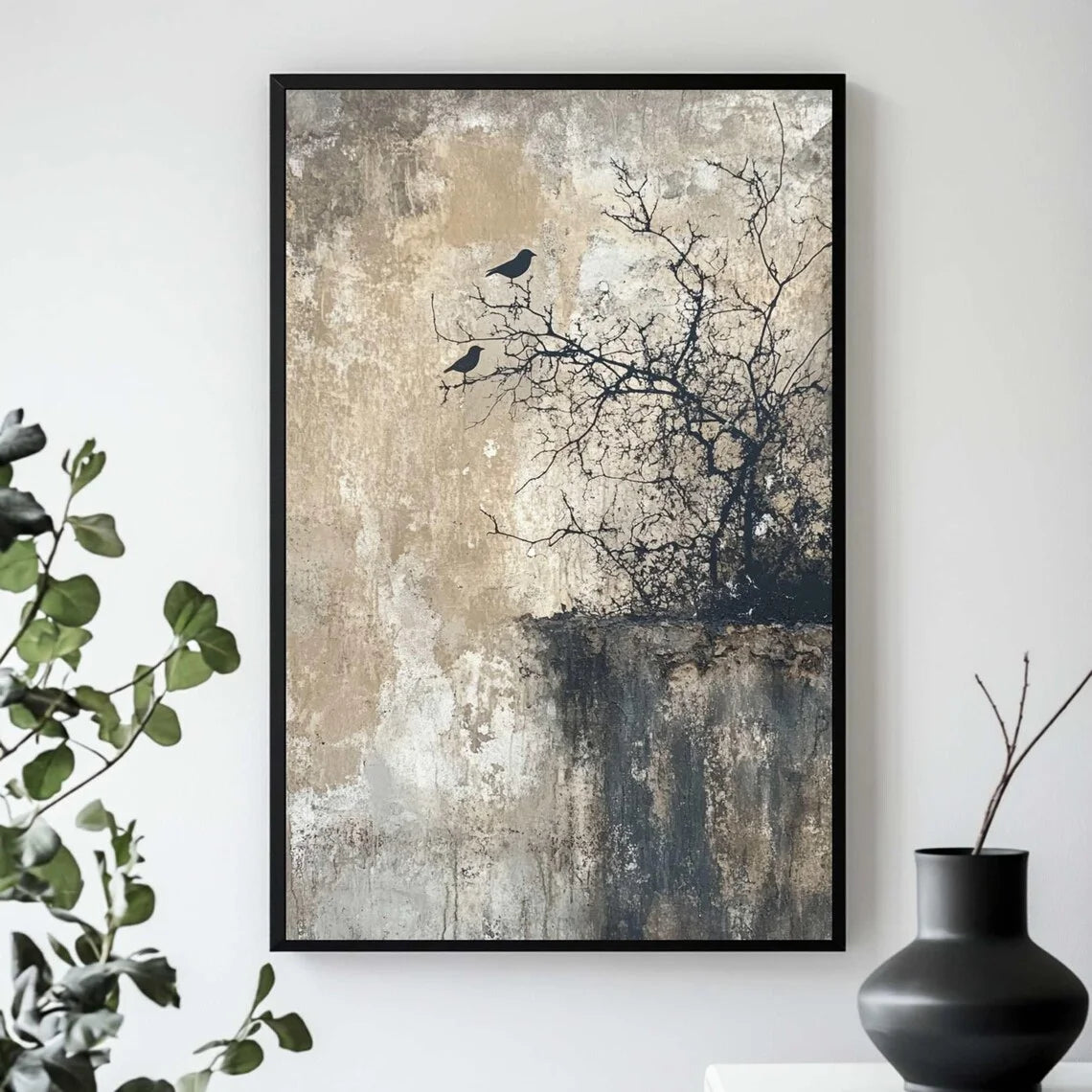 Ruhige Wabi-Sabi Vogel-Wandkunst – Strukturiertes Natur-Bild