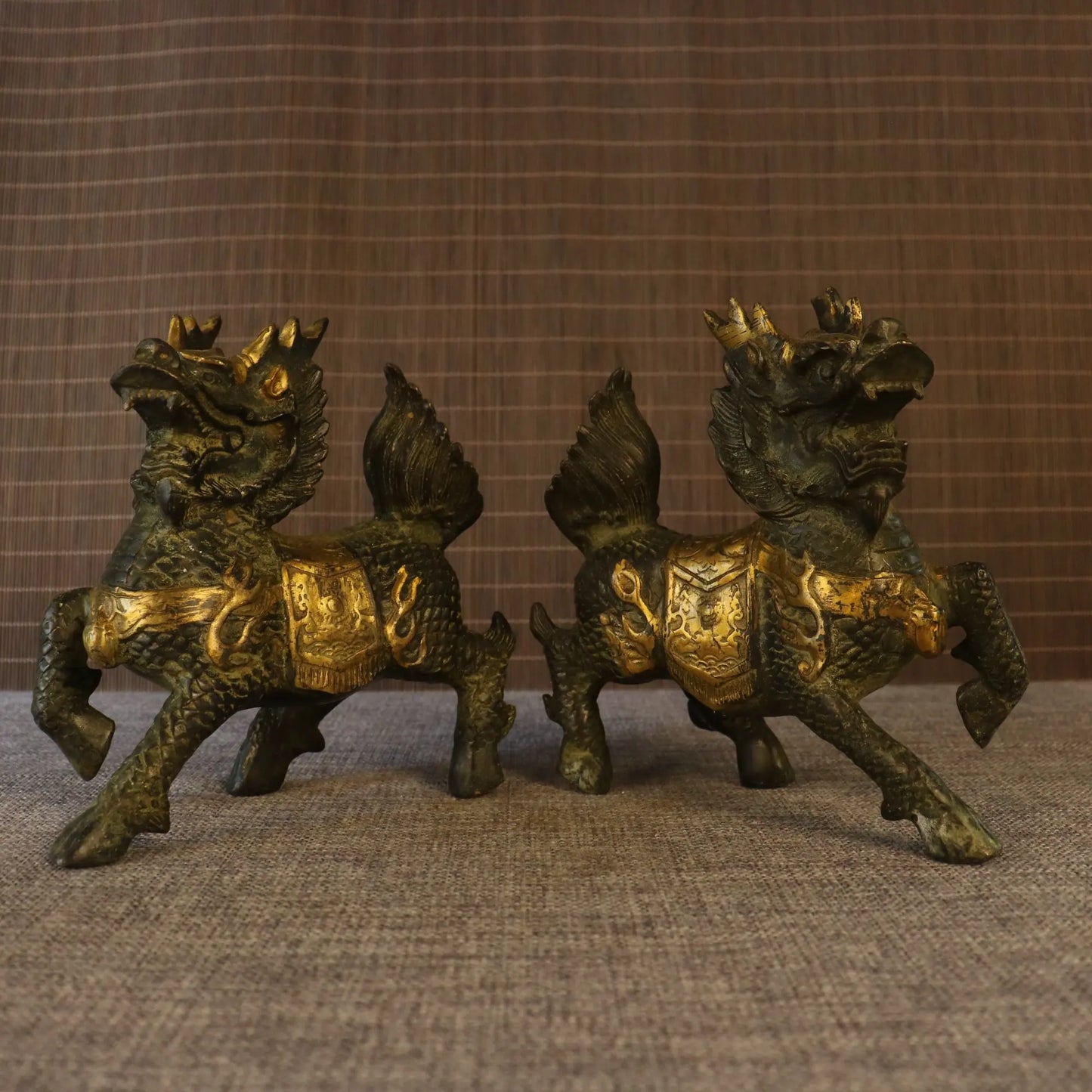 6" Tibetan Temple Collection Old Brass Gilded Kylin Statues (Pair)