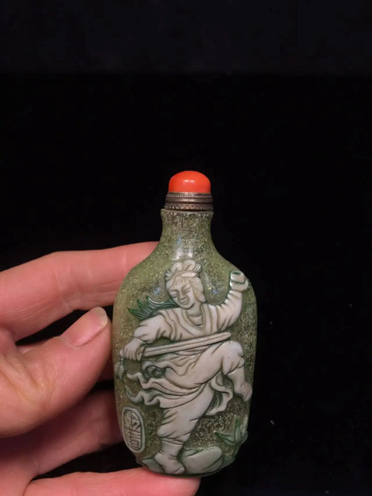 Vintage, Green-Glazed Snuff Bottle with Unique Martial Arts Design