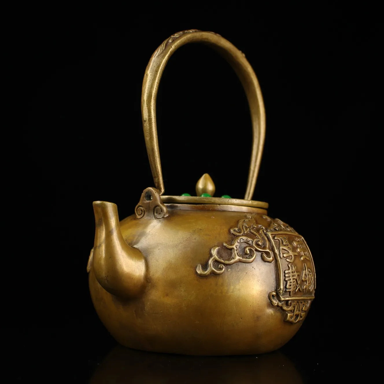 8"Tibetan Temple Collection Old Bronze Mosaic Gem Honesty teapot Handle pot kettle flagon Office Ornaments Town House