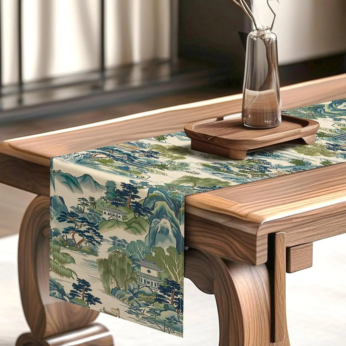 Chinoiserie Shan Shui Landscape Linen Table Runner | Blue, Green & White Dining Decor