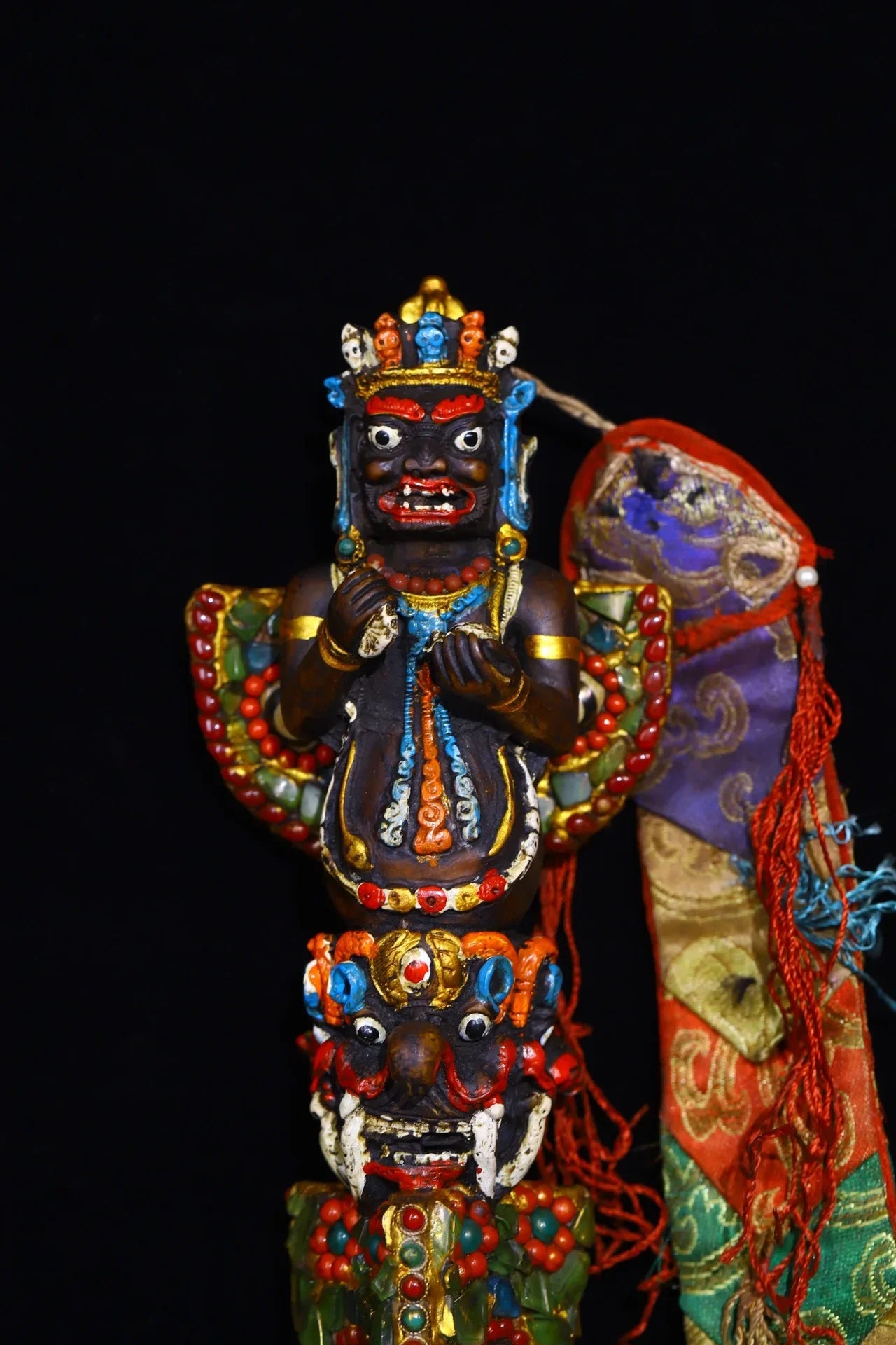 13"Tibetan Temple Collection yak bone Mosaic Gem gZi Beads Shell Puba Vajra Buddha  Head Vajra Phurpa Amulet Dharam Town house