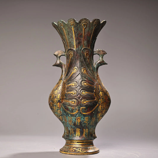 11"Tibetan Temple Collection Old Bronze Gilded Ancient handwriting symbol Peacock Kaiping Vase Peacock Bottle Amass wealth