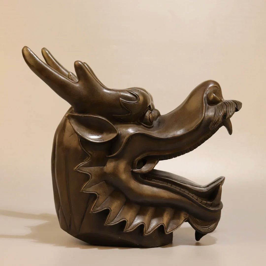 Chinese Brass Dragon Head (Loong) Wealth Guardian Statue (10")