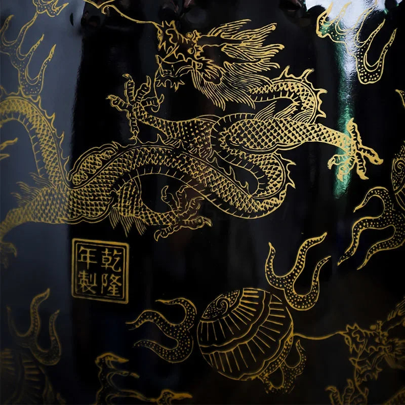 Black & Gold Dragon Porcelain Drum Stool | Modern Chinese Accent Seat & Side Table