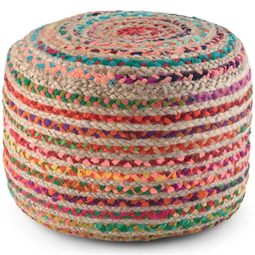 Handcrafted Braided Jute & Cotton Round Pouf Ottoman | 20.1" Woven Footstool
