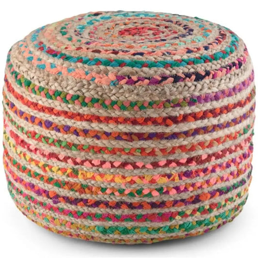 Handcrafted Braided Jute & Cotton Round Pouf Ottoman | 20.1" Woven Footstool