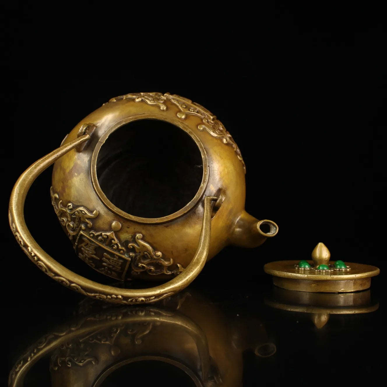 8"Tibetan Temple Collection Old Bronze Mosaic Gem Honesty teapot Handle pot kettle flagon Office Ornaments Town House