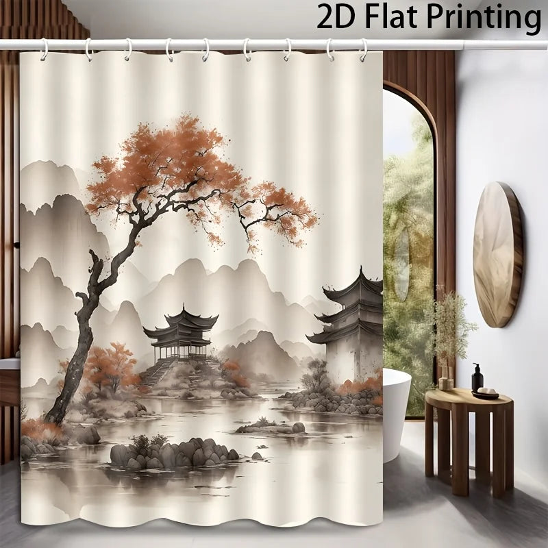 Chinese Pagoda & Misty Mountain Landscape Shower Curtain – Waterproof Oriental Fabric Bath Curtain (180×200cm)