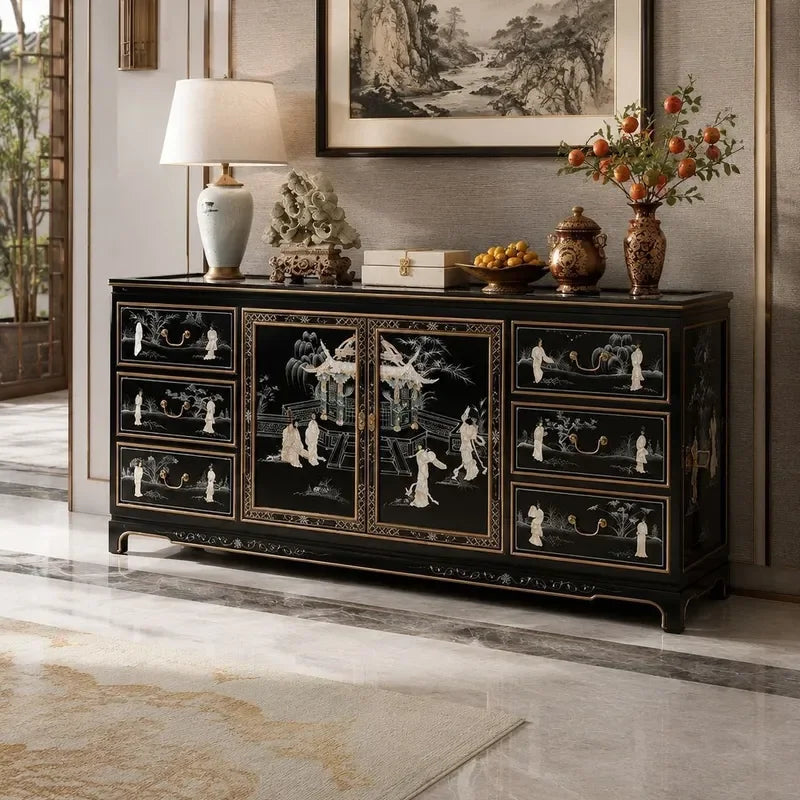 Piano Finish Solid Wood Six Drawer Two Door Cabinet Dining Sideboard with Mother of Pearl Inlay Ming Qing Style Classical