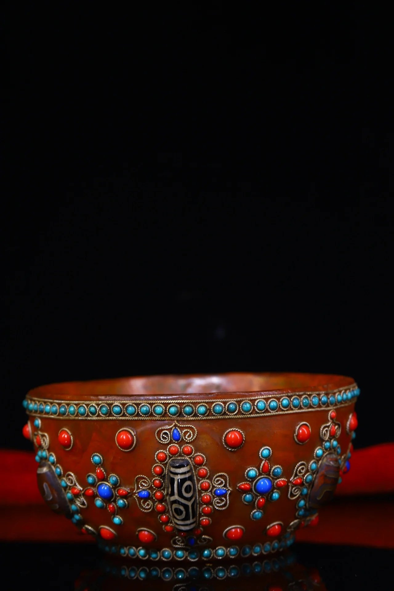 Tibetan Crystal Mosaic Gem gZi Bead Buddha Bowl (5")