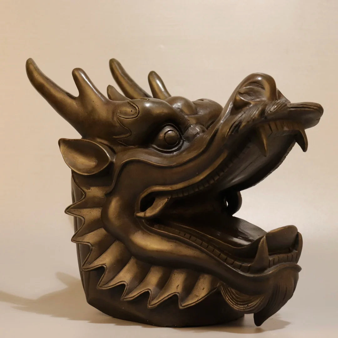 Chinese Brass Dragon Head (Loong) Wealth Guardian Statue (10")