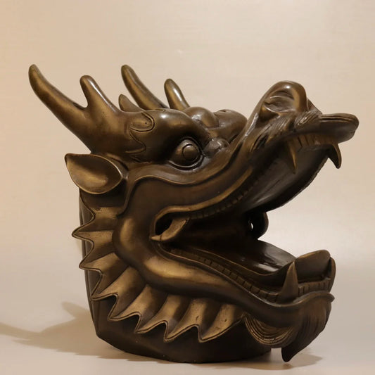 Chinese Brass Dragon Head (Loong) Wealth Guardian Statue (10")