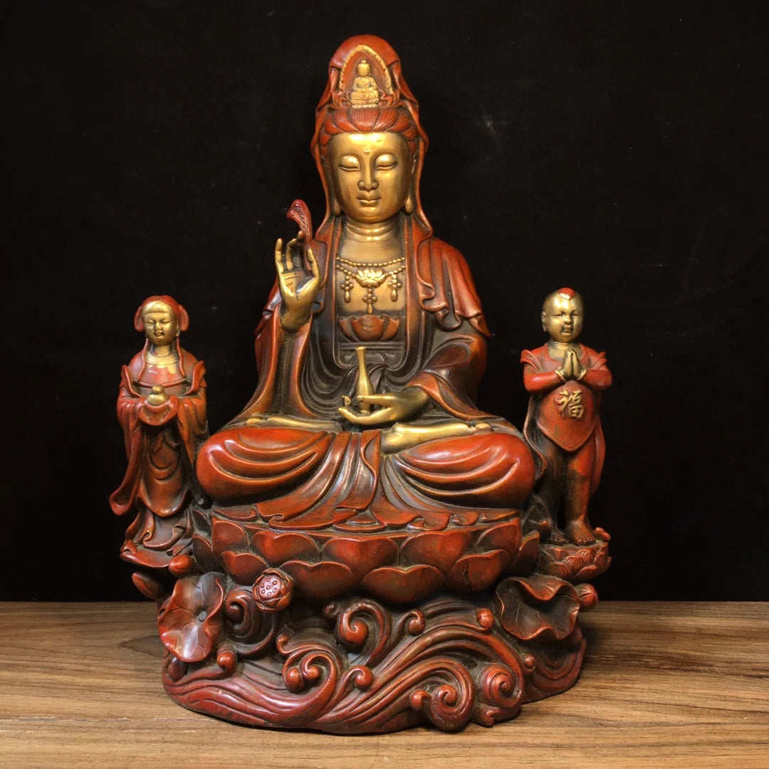 12" Bronze Gilded “Sending Boy” Guanyin – Temple Bodhisattva Statue