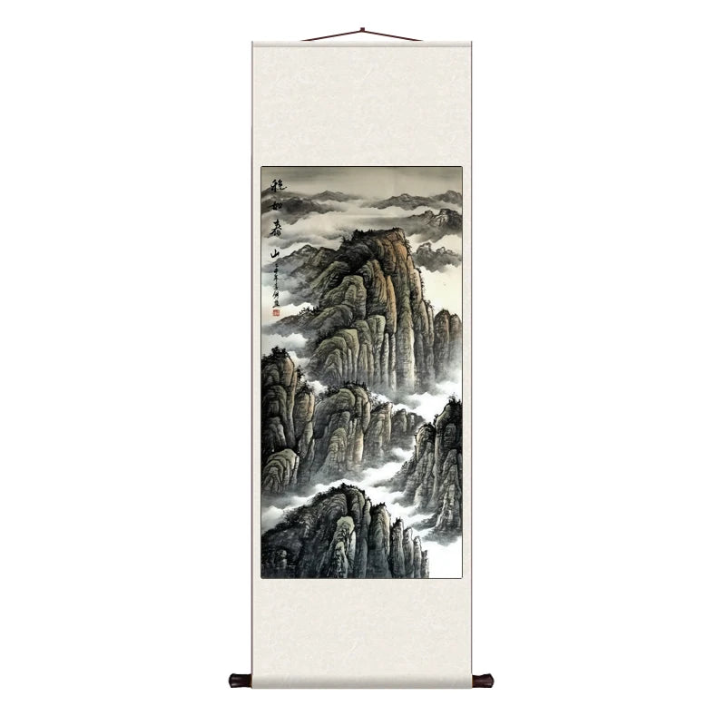 Silk Scroll Decoration Hanging Painting, Landscape Paintings Office Scroll Paintings There Is A Mountain Map Behind The Entrance