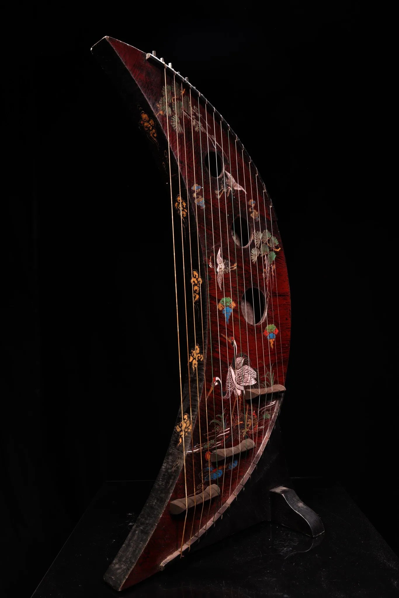 35" Nepalese Crescent Moon Guqin – Lacquered Crane Instrument Asian Home Decor