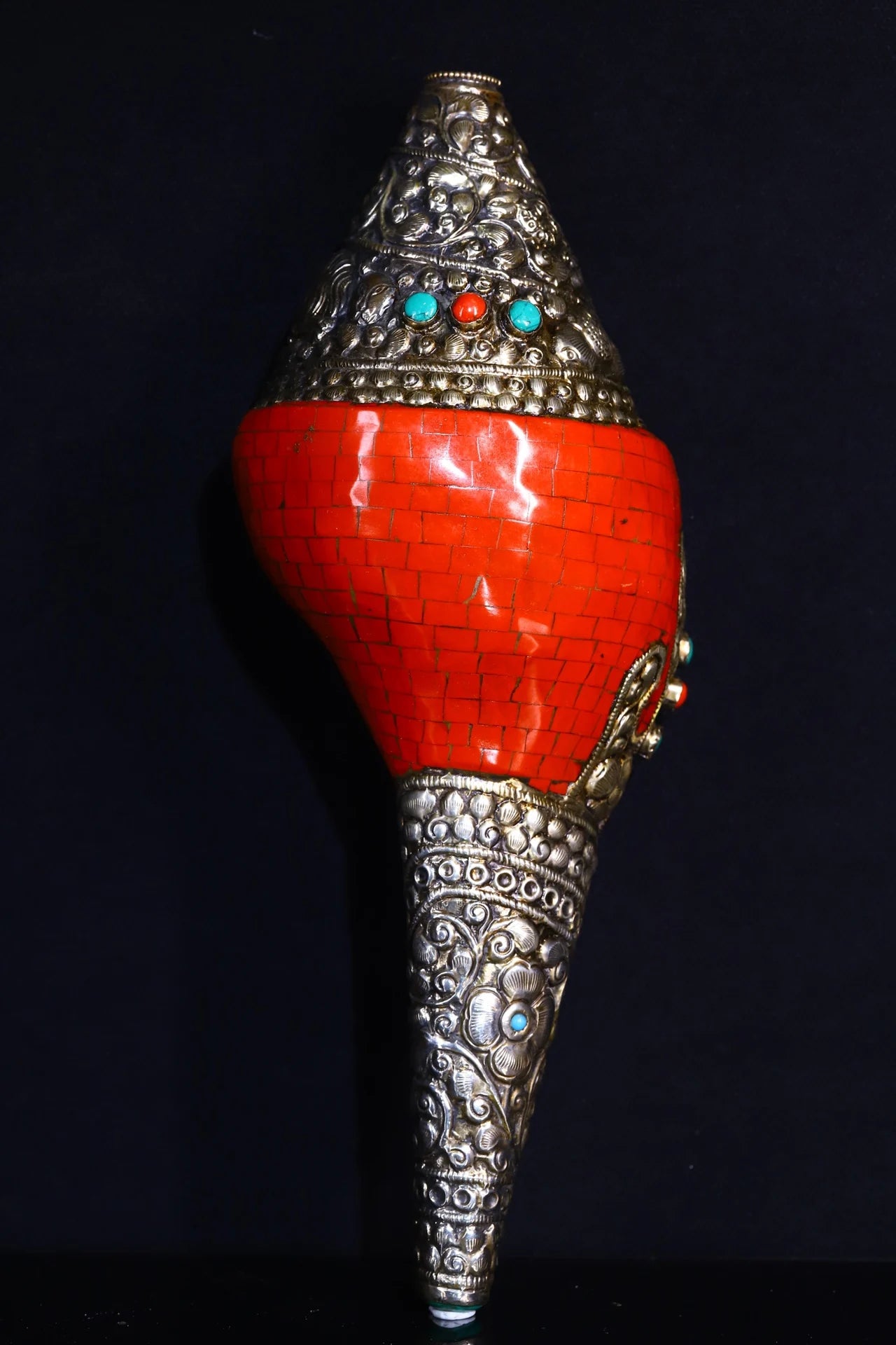 13"Tibetan Temple Collection Old Natural Conch Tibetan silver Mosaic Gem Turquoise Buddha Conch Worship Hall Town house