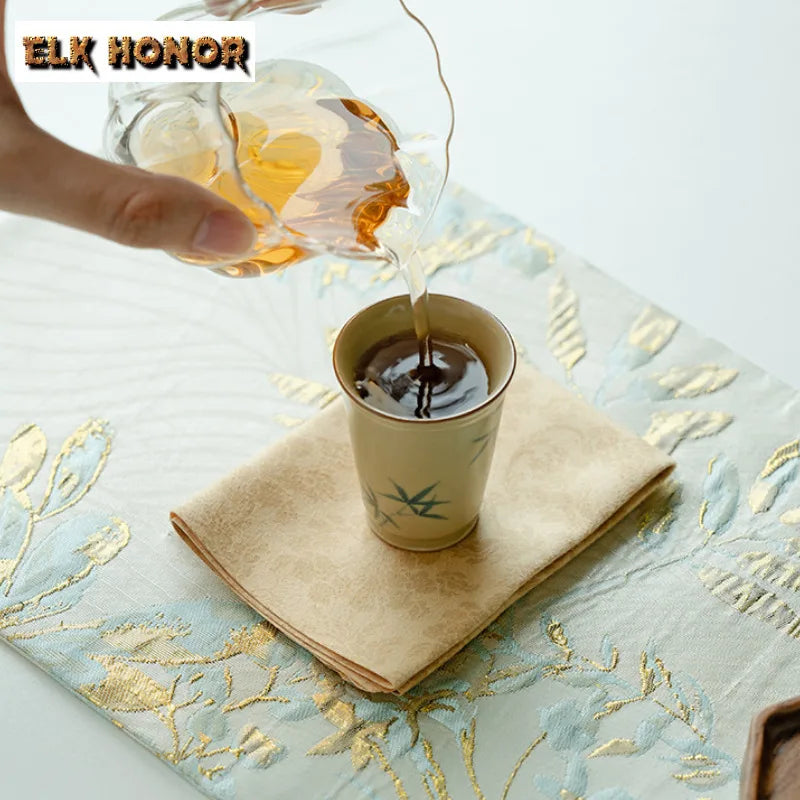 Golden Silk Pear Flower Tea Mat Double-sided Zen Tea Flag Tea Table Mats Creative Drink Coaster Dinner Table Cloth Mat Teaware