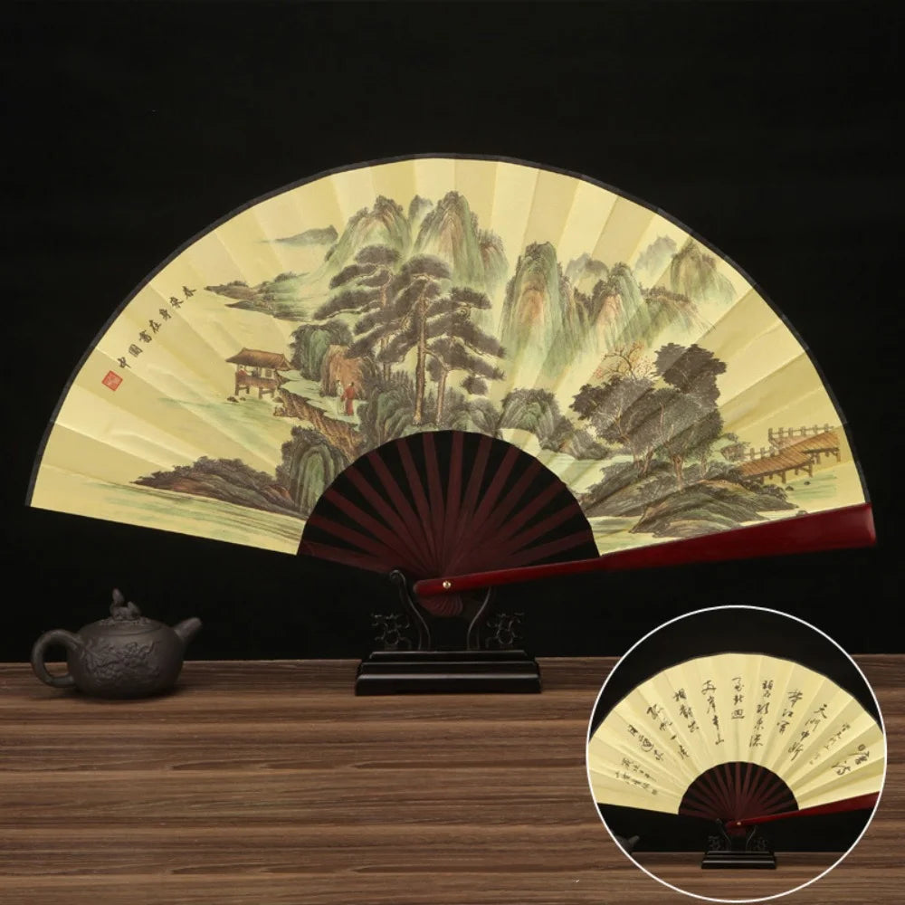 33.33CM Chinesischer Faltfächer im Vintage-Stil, Holzgriff, klassischer Party-Tanz-Handfächer, Sommer-Kühlfächer für Herren und Damen