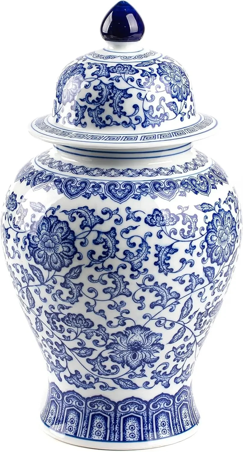 15 Zoll hohe glänzende Keramik-Ingwer-Vase, blau-weiß, Chinoiserie-Dekor