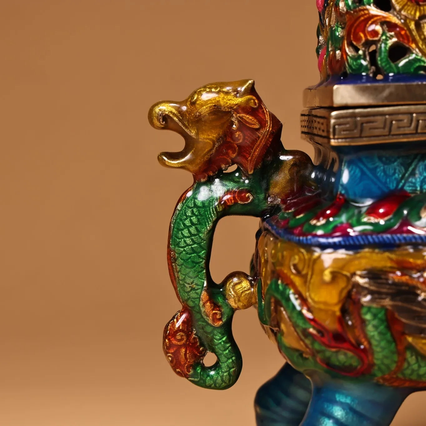 Temple Collection Bronze Cloisonné Phoenix Censer – Hollow-Cover Dragon-Ear Incense Burner