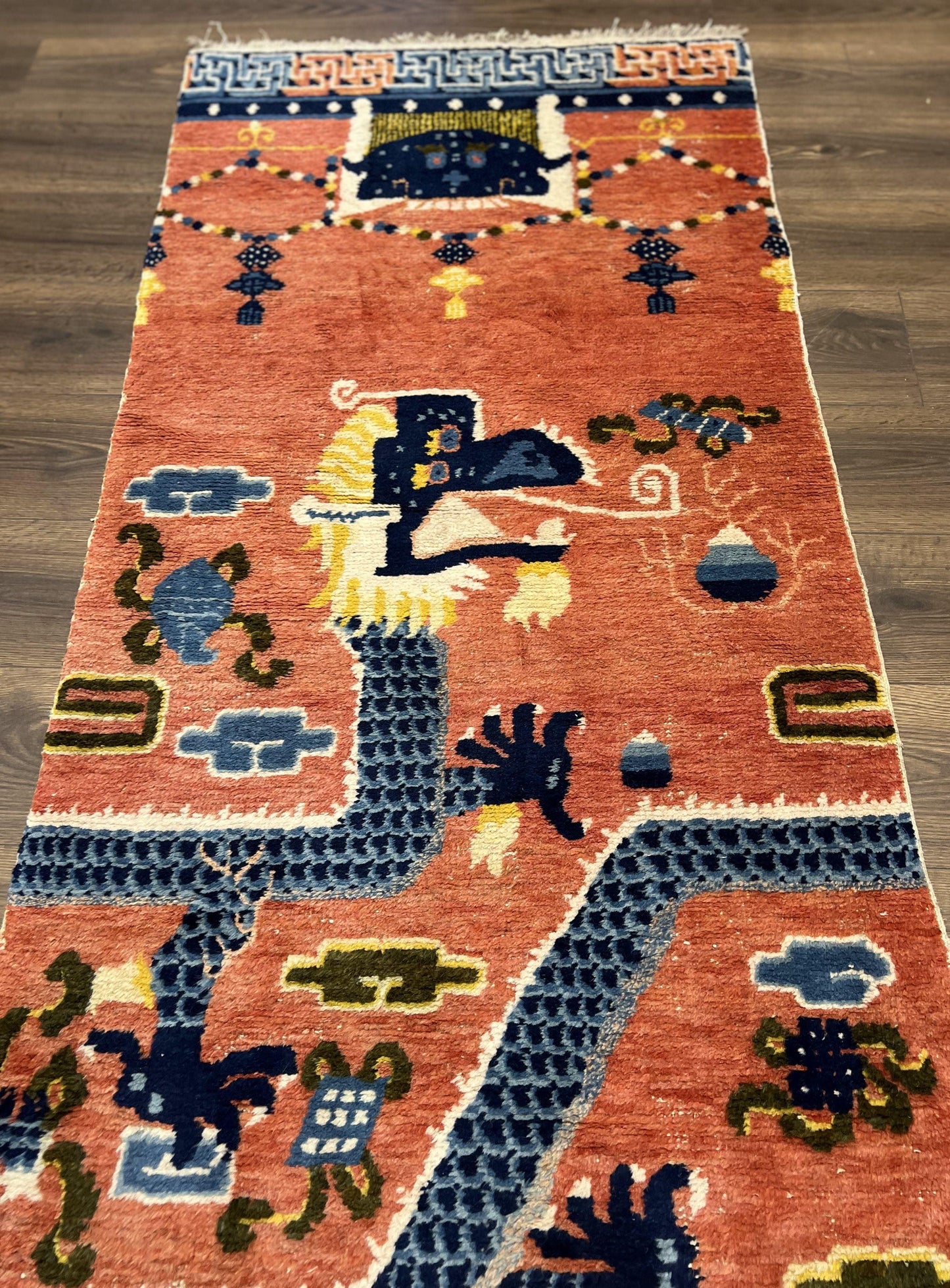Alfombra de pilar china Ningxia rara de 3x8, finales de la dinastía Qing, dragón de 5 garras, borde de arcoíris de nubes, alfombra antigua coleccionable, lana anudada a mano