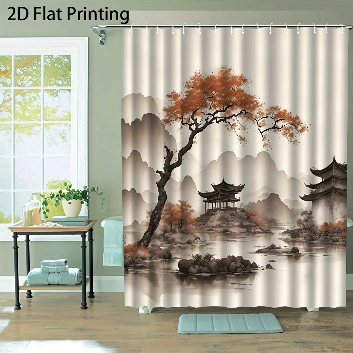 Chinese Pagoda & Misty Mountain Landscape Shower Curtain – Waterproof Oriental Fabric Bath Curtain (180×200cm)