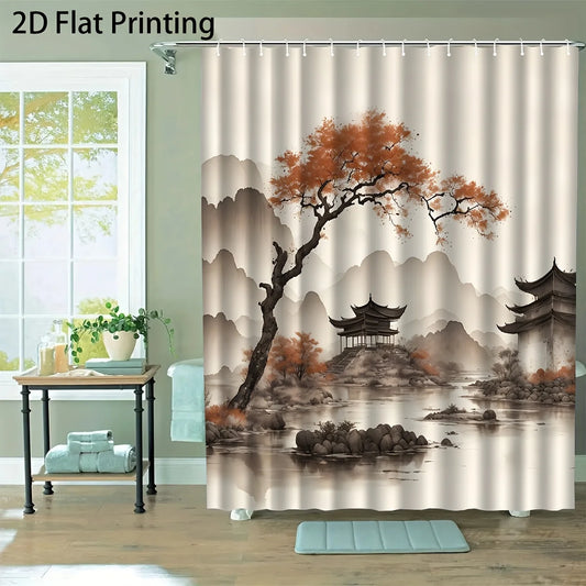 Chinese Pagoda & Misty Mountain Landscape Shower Curtain – Waterproof Oriental Fabric Bath Curtain (180×200cm)