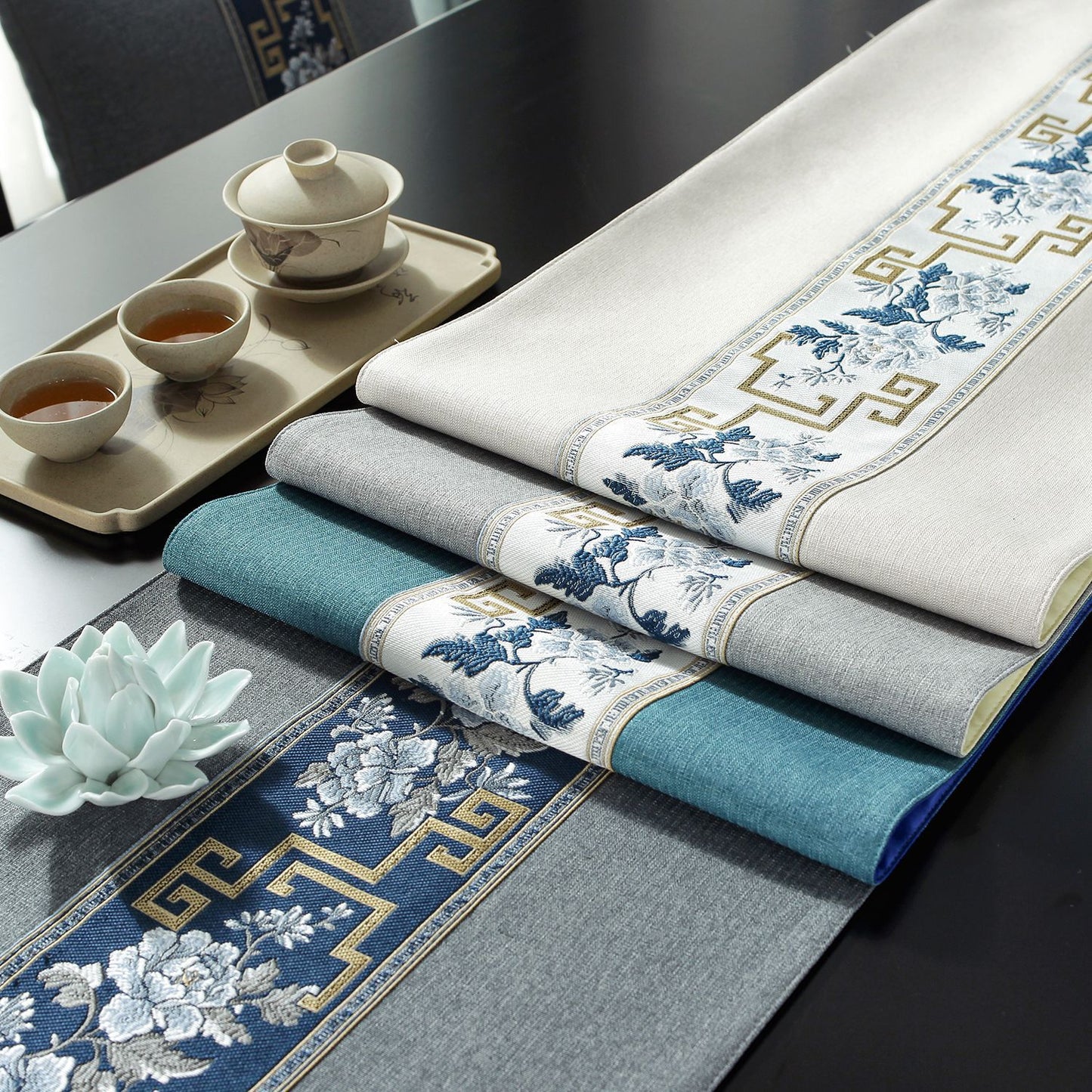 Chinese Table Runner with Floral and Zen Pattern