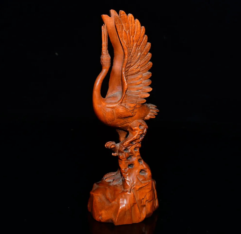 Tibetan Boxwood Red-Crowned Longevity Crane Statue