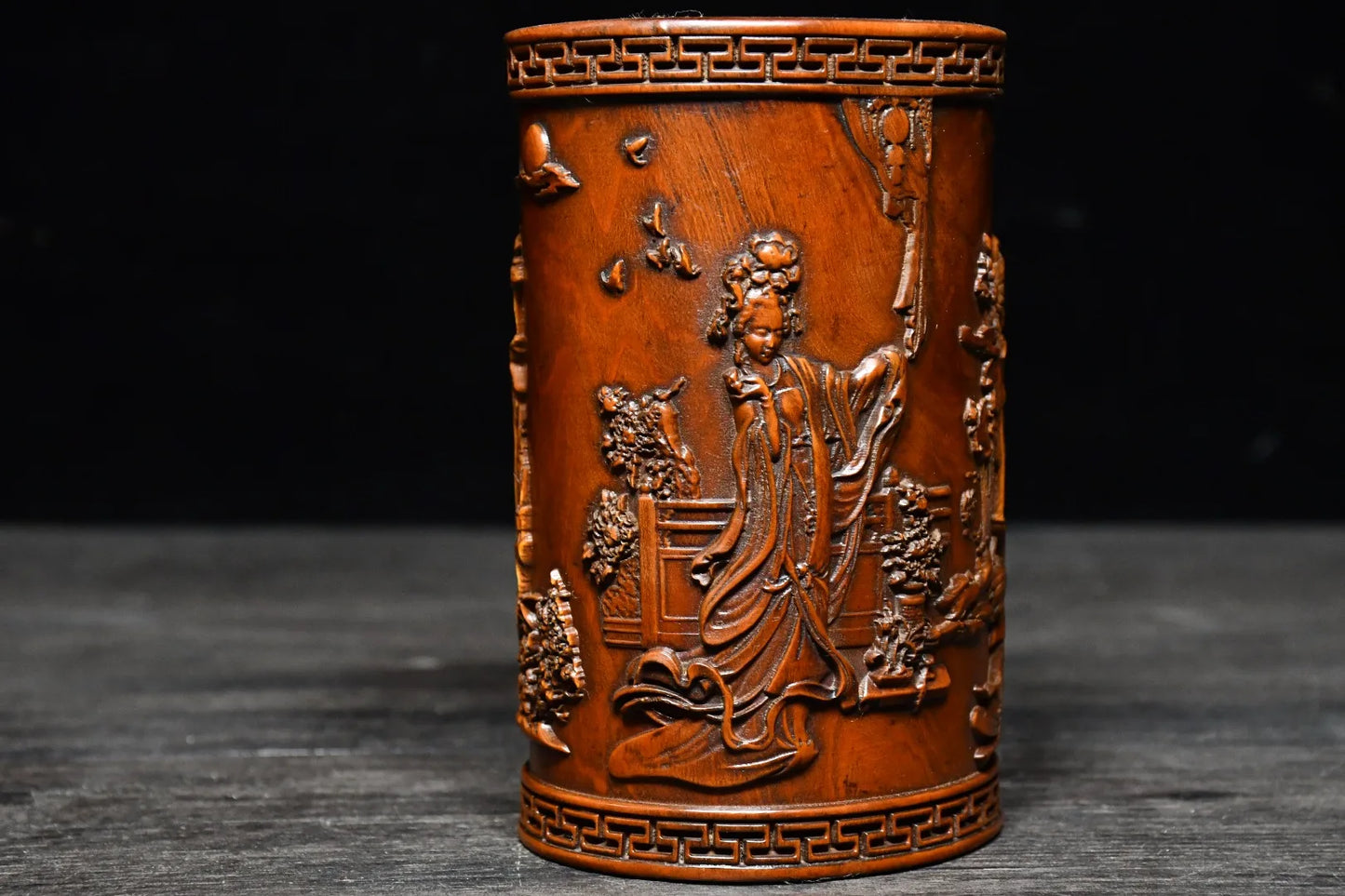 5"Tibetan Temple Collection Old Boxwood Classical four beauties Statue pattern Pen holder Office Supplies Wooden penholder