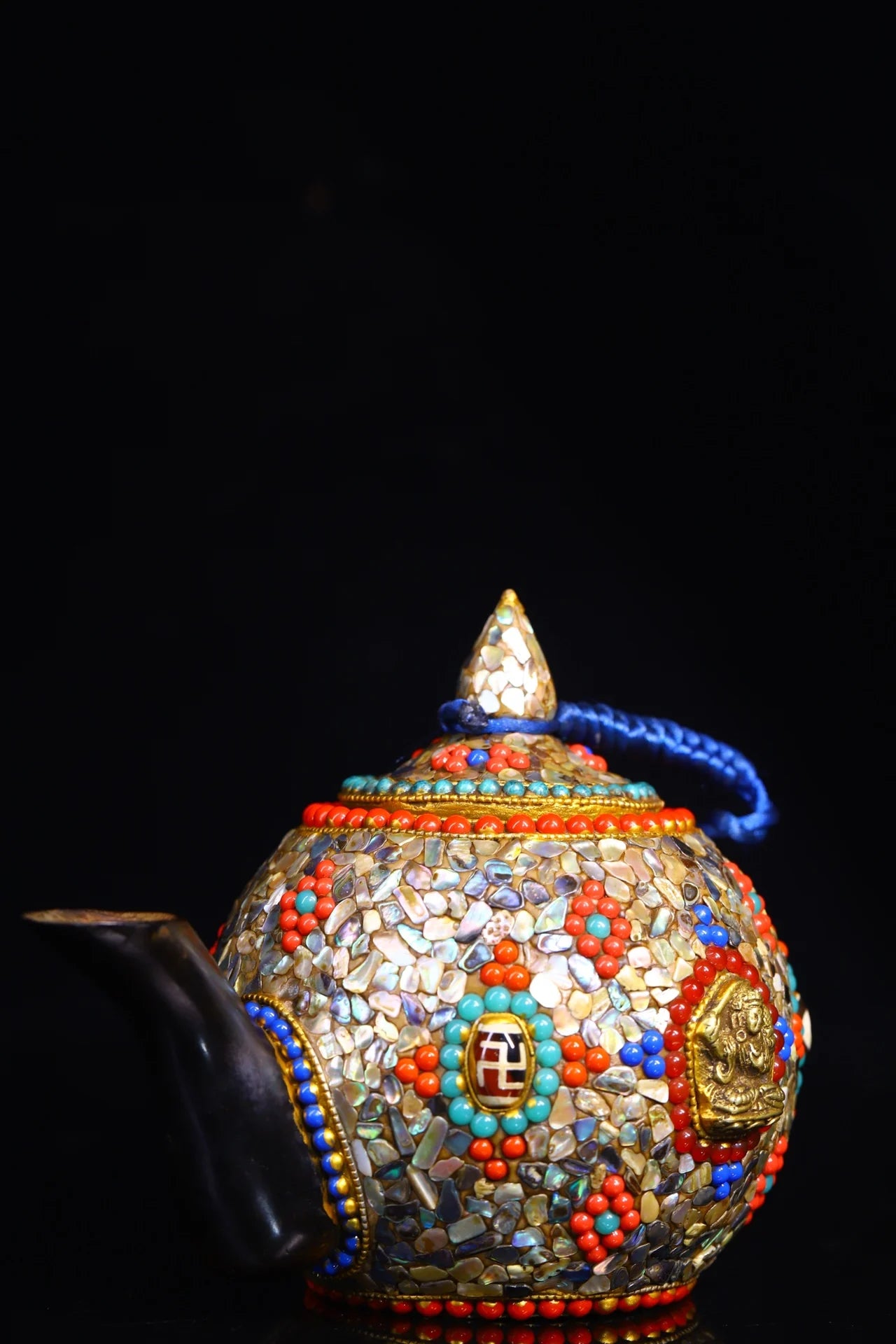 6"Tibetan Temple Collection Old Natural Horn Mosaic Gem gZi Beads Shell Butter pot Beam jug kettle teapot Manjusri Town House