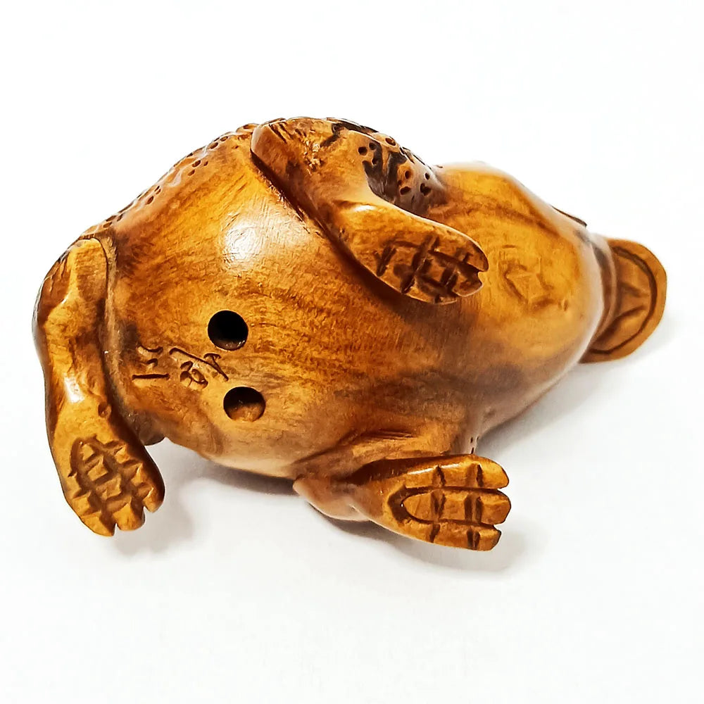 RS504, 2" Hand Carved Japanese Boxwood Netsuke, Wealthy Toad Figurine, Frog Sculpture, Small Ornaments