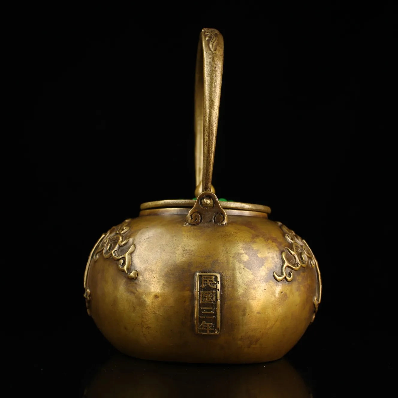 8"Tibetan Temple Collection Old Bronze Mosaic Gem Honesty teapot Handle pot kettle flagon Office Ornaments Town House