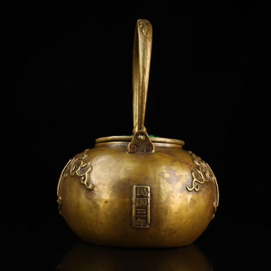 8"Tibetan Temple Collection Old Bronze Mosaic Gem Honesty teapot Handle pot kettle flagon Office Ornaments Town House
