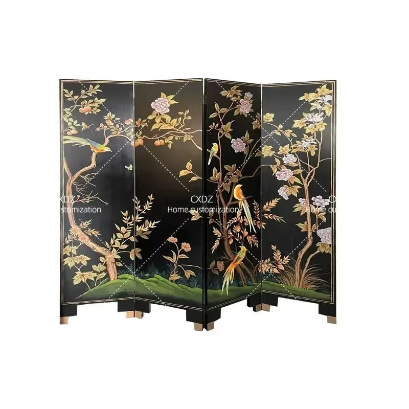 Hand-Painted Black Lacquer Relief Folding Screen – 4-Panel Flower & Bird Room Divider