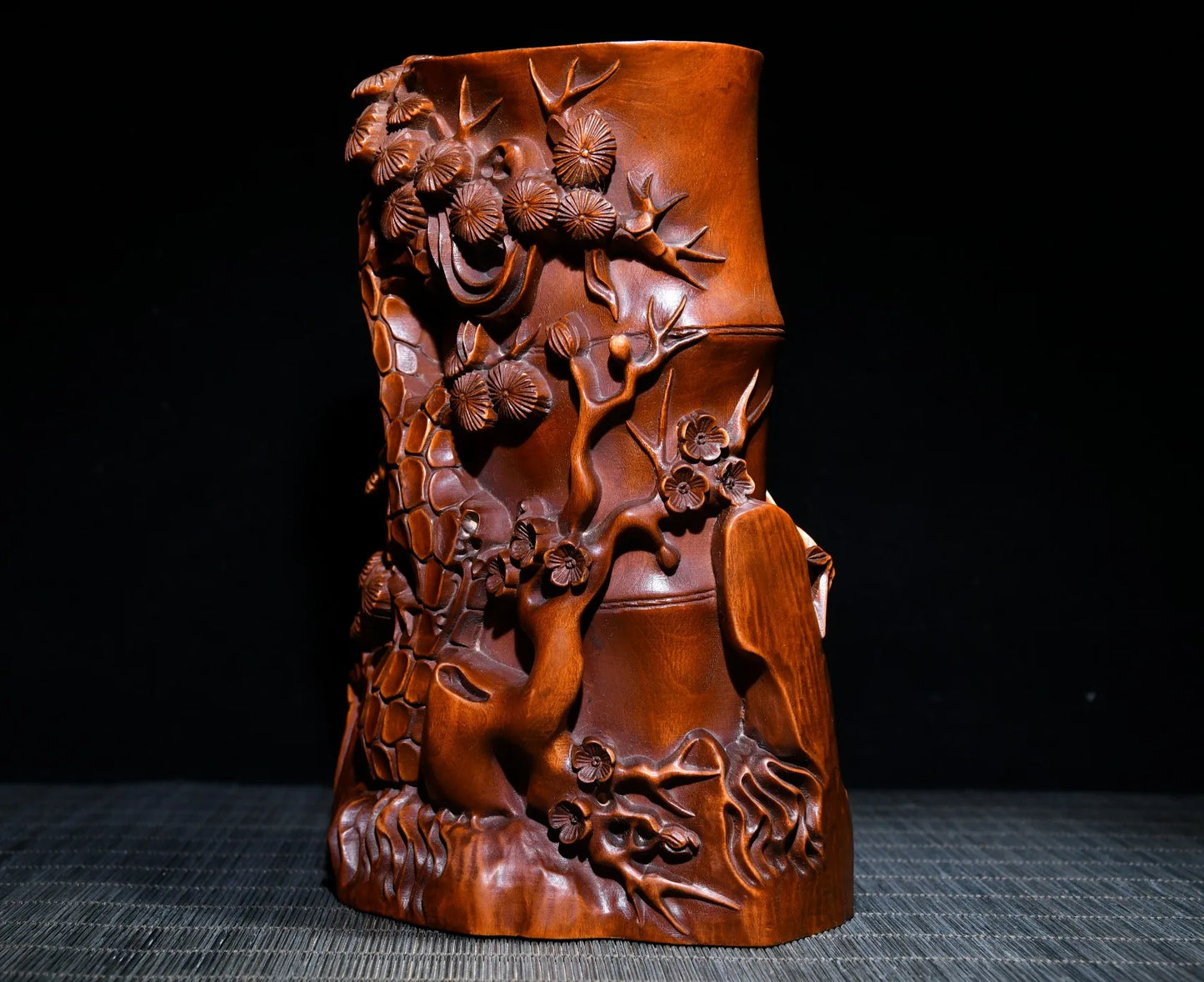 7"Tibetan Temple Collection Old Boxwood Pine needles Welcome Song Pen holder Gather wealth Office Ornaments Town House