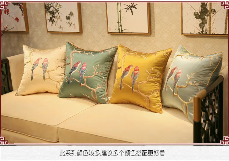 Chinese-Style Sparrow Embroidered Cushion Cover – Blackish-Green Throw Pillow Case