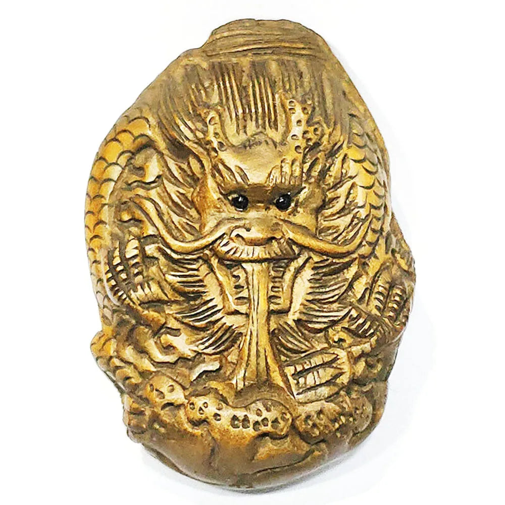 RS260, 2" Hand Carved Japanese Boxwood Netsuke, Dragon Pendant Figurine, 2 Dragons in One Sculpture, Small Ornaments