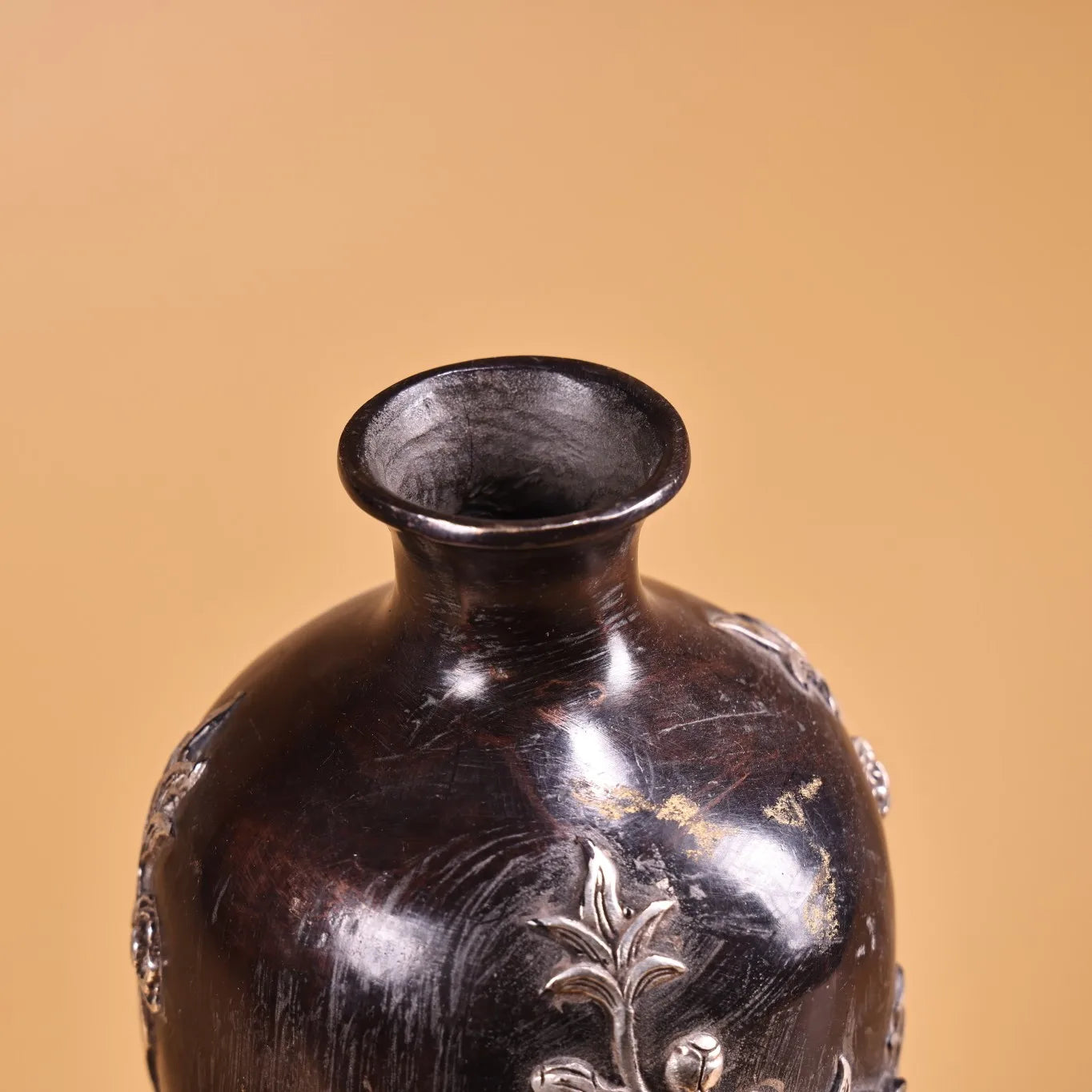 9" Bronze Gilded Silver Magpie & Plum Blossom Vase Pair