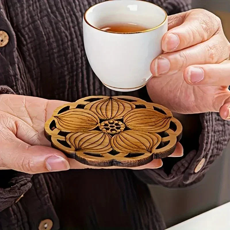 Carved Lotus Wooden Coasters | Natural Wood Tea & Coffee Cup Mats