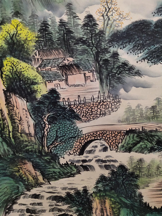 Rollo de pergamino chino de paisaje con caligrafía – Montañas y Aguas, Atribuido a Guan Shanyue